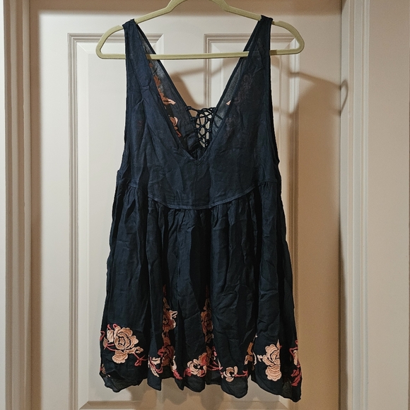 Free People Embroidered Aida Mini Slip Dress V Neck Sleeveless A Line S Navy NWT - Picture 13 of 15